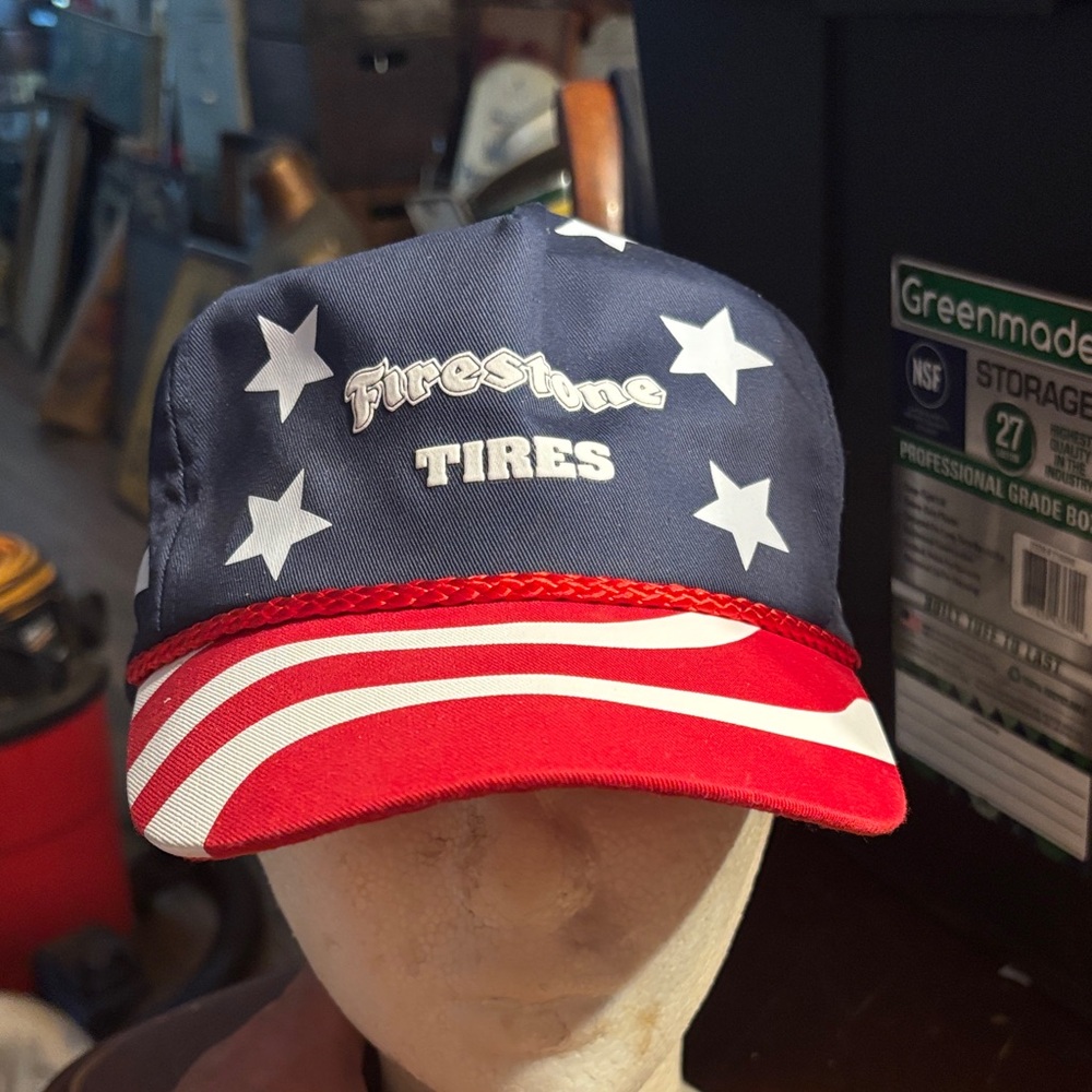 Vintage Firestone tires American flag hat. Red and Blue Men's Hat
